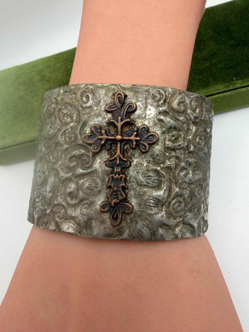 textured silver-toned metal cuff bracelet